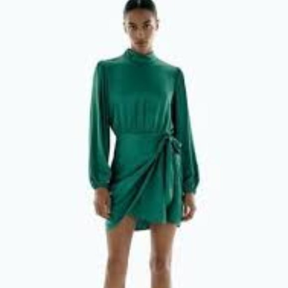 ZARA Mock Neck Satin Effect Mini Dress Wrap skirt SZ M fits like a S/M - Picture 1 of 11